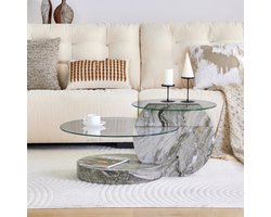 Lemonbest Ronde Salontafel 90 x 70 x 44 cm - Tweelaagse Koffietafel van Veiligheidsglas - MDF Onderstel met Grijze Marmerlook - Transparant Grijs