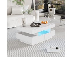LemonBest Salontafel met LED 80 x 50 x 36 cm - Hoogglans Koffietafel met 4 Laden en 3 Open Vakken - Opbergtafel voor Woonkamer - Wit