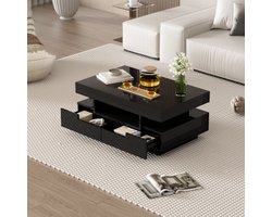LemonBest Salontafel met LED 80 x 50 x 36 cm - Hoogglans Koffietafel met 4 Laden en 3 Open Vakken - Opbergtafel voor Woonkamer - Zwart