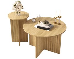 Lemonbest Salontafel Set 2 Delig - Ronde Nesttafels 76 en 40 cm - Ruimtebesparende Bijzettafels met Houtlook - Naturel