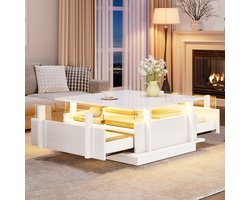 Lemonbest Salontafel wit hoogglans - 70x70x35 cm - 2 lades - LED-verlichting - acryl wand - design salontafel voor kleine ruimtes - ook als bijzettafel of banktafel