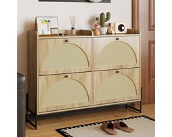 Lemonbest schoenenkast met 4 deuren - 118x25x91.5(cm) - Verstelbaar schoenenrek - Smalle schoenenkast - Kantelbaar schoenenrek - Hal - Houtkleur