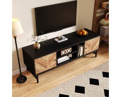 Lemonbest tv-meubel – 150x38x55 cm – Contrasterend zwart en hout design – Multifunctionele opbergruimte – Modern minimalistisch design.