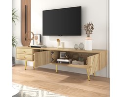 Lemonbest TV-meubel - 160x36x42 cm - Gouden poten - Meerdere deuren - Houtkleur - Uniek ontwerp - Vintage stijl