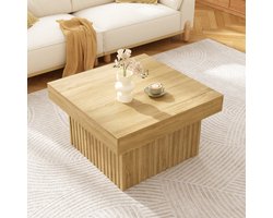Lemonbest Vierkante Salontafel 79 x 79 x 46 cm - Koffietafel met Houtlook Tafelblad en Geribbelde MDF Voet - Naturel