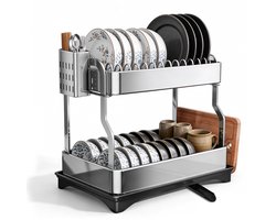 Lemonmax Afdruiprek 2 Niveaus - Vaatrek en Droogrek van 304 RVS met 360° Afvoer, Bestekhouder en Snijplankhouder - 42x30x41,5 cm - Zilver