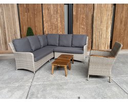 Lena lounge corner | incl fauteuil | wicker lichtgrijs | 2 teak look koffie tafels