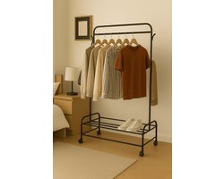 Lendo Online Industrieel Kledingrek met 4 wielen - Metaal met poedercoating - 110x55x160cm - Zwart- Opbergruimte Voor Schoenen - Garderoberek Met Haken - Kledingstang - Voor Hal, Slaapkamer, Logeerkamer