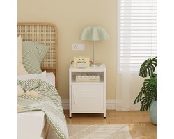 Lendo Online Nachtkastje - Nachtkastjes met deur - Bijzettafeltje - Industrieel - Kastje Slaapkamer / Woonkamer - 40x40x55 cm (LxBxH) - Table de chevet - Gepoedercoat staal - Metaal - Wit