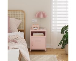 Lendo Online Nachtkastje - Nachtkastjes met deur - Bijzettafeltje - Industrieel - Kastje Slaapkamer / Woonkamer - 40x40x55 cm (LxBxH) - Table de chevet - Gepoedercoat staal - Metaal - Roze