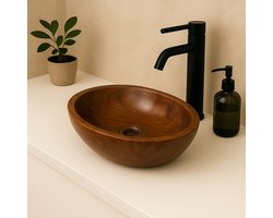 Lendo Online Wastafel ovaal 30x25x12 cm Teakhout - Houten wasbak voor badkamer of toilet - spoelbak - waskom - unieke vormen en houtnerven