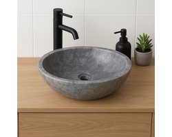 Lendo Online Wastafel ovaal 40x30x12 cm Marmer - natuursteen grijs - wasbak voor badkamer en toilet - spoelbak - waskom - unieke vorm en kleur!