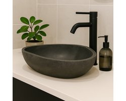 Lendo Online Wastafel ovaal (60-70)x(38-43) cm riviersteen - natuursteen grijs - wasbak voor badkamer - spoelbak - waskom - unieke vorm en kleur!