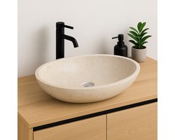 Lendo Online Wastafel ovaal 60x40x12 cm Marmer - natuursteen crème - wasbak voor badkamer en toilet - spoelbak - waskom - unieke vorm en kleur!