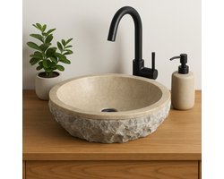 Lendo Online Wastafel rond 40x40x15 cm Marmer - natuursteen crème - wasbak voor badkamer en toilet - spoelbak - waskom - unieke vorm en kleur!