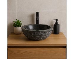 Lendo Online Wastafel rond 40x40x15 cm Marmer - natuursteen zwart - wasbak voor badkamer en toilet - spoelbak - waskom - unieke vorm en kleur!