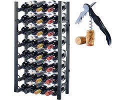 Lendo Online Wijnrek voor 32 flessen 45x20x80cm (LxBxH) Wijnkast - Wijnfleshouder - Wijnopslag met kurkentrekker Zwart Poedercoating Metaal Staal Flessenrek Industriële stijl