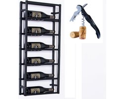 Lendo Online Wijnrek voor aan de muur - 6 flessen - Industrieel - 39x10x84cm (BxDxH) - Wandrek - Flessenrek - Hangend wijnrek - Muurrek - Poedercoat Staal - Zwart