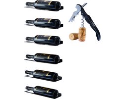 Lendo Online Wijnrek Wandmontage 6 flessen - Wijnkast - Wijnfleshouder Hangend Aan Muur- Wijnopslag met kurkentrekker Zwart Poedercoating Metaal Staal Flessenrek Industriële stijl