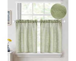Lente linnen textuur keukengordijnen boven de gootsteen 25 inch lengte semi-transparante gordijnen in landelijke stijl voor café, badkamer, kelder, korte gordijnen met tunnelzoom 2 panelen W25XL25 saliegroen