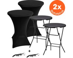 Lenx 2x Zwarte Statafel - Set van 2 - ø70x110 cm - Inclusief 2x Zwarte Statafelrok en 2x Wijnopener - Statafels - Inklapbaar - Cocktailtafel - Hoge Staan Tafel - Staantafel - Partytafel - Zwart