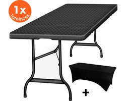 Lenx Klaptafel - Inklapbare tafel - Inclusief Zwarte Tafelhoes - 180x75x74cm -Opvouwbare Tuintafel - Vouwtafel - 6 tot 8 Personen - Rattan