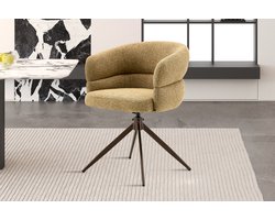 Leonie Draaibare Eetkamerstoel Mosterdgeel – 180° Auto-Return – Walnootkleurige Metalen Kruispoot – Per Stuk