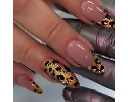 Leopard French Press On Nails in Medium Almond Shape - 24 Stuks Kunstnagels met Gouden Luipaardpatroon en Herbruikbare Jelly Lijm voor een Stijlvolle Look
