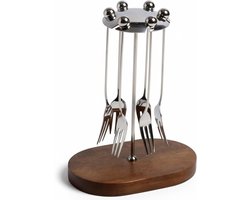 Lepel en Vork Set - Dessertbestek - Koffie en Taart - Met Houten Standaard - 7 Delig - Zilver