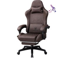 Leren game stoel, Ergonomische game stoel, bureau stoel met voetensteun, luidspreker, verstelbare hoofdsteun en lendensteun, kantelbare rugleuning, lichtbruin