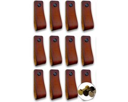 Leren handgrepen - Cognac - 12 stuks - 16,5 x 2,5 cm - incl. 3 kleuren schroeven- Handgrepen leer - Leren meubelgreep - Leren handvaten kast - Leren lus - Handgreep kast leer - Leren greepjes - Handvat leer - Leren deurgreep - Leren handgreep