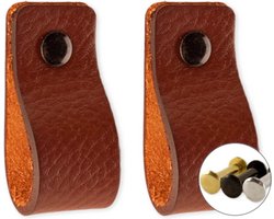Leren handgrepen - Cognac - 2 stuks - 12,5 x 2,5 cm - incl. 3 kleuren schroeven - Handgrepen leer - Leren meubelgreep - Leren handvaten kast - Leren lus - Handgreep kast leer - Leren greepjes - Handvat leer - Leren deurgreep - Leren handgreep cognac
