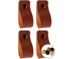 Leren handgrepen - Cognac - 4 stuks - 12,5 x 2,5 cm - incl. 3 kleuren schroeven - Handgrepen leer - Leren meubelgreep - Leren handvaten kast - Leren lus - Handgreep kast leer - Leren greepjes - Handvat leer - Leren deurgreep - Leren handgreep cognac