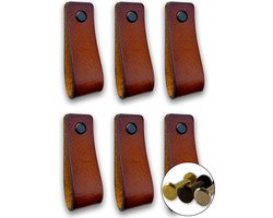 Leren handgrepen - Cognac - 6 stuks - 16,5 x 2,5 cm - incl. 3 kleuren schroeven - Handgrepen leer - Leren meubelgreep - Leren handvaten kast - Leren lus - Handgreep kast leer - Leren greepjes - Handvat leer - Leren deurgreep - Leren handgreep cognac