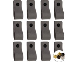Leren handgrepen - Grijs - 12 stuks - 12,5 x 2,5 cm - incl. 3 kleuren schroeven - Grijze handgrepen leer - Leren meubelgreep - Leren handvaten kast - Leren lus - Handgreep kast leer - Leren greepjes - Handvat leer - Leren deurgreep - Leren handgreep