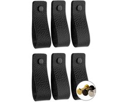 Leren handgrepen - Zwart - 6 stuks - 16,5 x 2,5 cm - Handgreep zwart - Handgrepen leer - Leren meubelgreep - Leren handvaten kast - Leren lus - Handgreep kast leer - Leren greepjes - Handvat leer - Leren deurgreep - Leren handgreep zwart