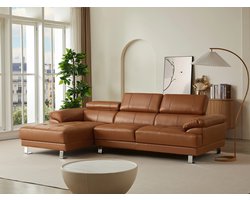 Leren Hoekbank Links 265x165 cm – 5-Persoons Luxe Hoekbank van Echt Vaarsleer met Verstelbare Hoofdsteunen en Chaise Longue – Premium Camel Bruine Design Bank met Nosag Veren – Depauw