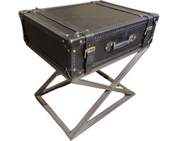 LEREN KOFFER BIJZET TAFEL IN 100% LEER SUITCASE METAL VINTAGE ZWART CHESTERFIELD