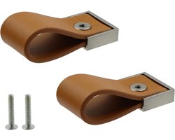 Leren Meubelhandgrepen voor Keukenkastjes en Deuren - 2 Stuks, 128 mm, Aluminium Look, Bruine Leren Lussen, Duurzame en Stijlvolle Keukenaccessoires