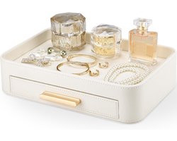 Leren opbergbak met lades, geschikt voor nachtkastjes, opbergbakken, sieradenorganizers, decoratieve trays en bureau-organizers. Geschikt voor het opbergen van sieraden, cosmetica, sleutels en schrijfwaren (gebroken wit).