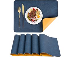 Leren placematset (6 stuks), wasbaar, waterdicht, PU-materiaal, hittebestendig, geschikt voor keukens, restaurants en hotels, 43 x 30 cm / 16,9 * 11,8 inch (blauw en geel gestreept, 6 stuks)