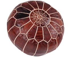 Leren Poef - Voetenbank Rond - Woonkamer Decoratie - Handgemaakt Marokko - 50x40x50 cm - Bruin