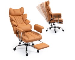 Leren relaxfauteuil voor thuis - Extra grote en hoge directiestoel - Ergonomische bureaustoel met voetensteun - draagvermogen 227 kg - met verstelbare hoofdsteun en lendensteun - Bruin
