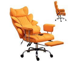 Leren relaxfauteuil voor thuis - Extra grote en hoge directiestoel - Ergonomische bureaustoel met voetensteun - draagvermogen 227 kg - met verstelbare hoofdsteun en lendensteun - oranje
