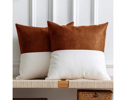 Leren sierkussenhoezen, set van 2 moderne leren/katoenen decoratieve kussenslopen voor woondecoratie, slaapkamer, woonkamer, bank, slaapbank, 18x18 inch, cognacbruin en wit