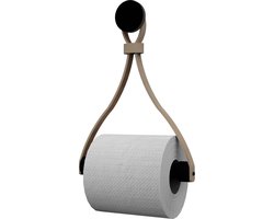 Leren toiletrolhouder 'Triangle' - met Zuignap én schroef - Handles and more® | TAUPE - roldrager: Zwart rondhout - knop: Zwart