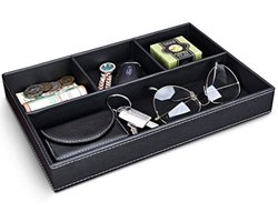Leren valet dienblad - Opbergdoos met 4 vakken voor sleutels, sieraden, munten en accessoires - Zwart kunstleer met suède binnenkant - 30.3 x 20.3 x 4.1 cm