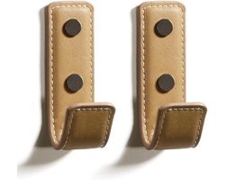 Leren Wandhaken - Kapstok Haken - Opbergen en Ordenen - Set van 2 stuks - 82x27x27mm - Khaki