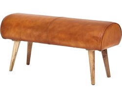 Leren Zitbank - Kleine bank - Entree Decoratie - Massief Hout - 100 cm Breed - Bruin