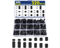 Leryati M3, M4, ABS-afstandhouders, zwart, 320 stuks, afstandshulzen van kunststof, afstandhouders zonder schroefdraad, zuilen, afstandshulzen, isolatie sluitringen, nylon sluitringen,